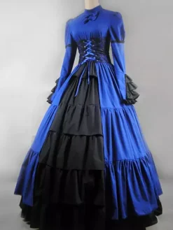 Victorian Retro Tudor Dress Costume Women's Black Satin Ruffle Long Sleeves Victorian era Outfits Retro Tudor Dress Costumes