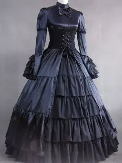 Victorian Retro Tudor Dress Costume Women's Black Satin Ruffle Long Sleeves Victorian era Outfits Retro Tudor Dress Costumes