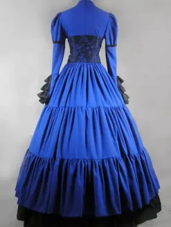 Victorian Retro Tudor Dress Costume Women's Black Satin Ruffle Long Sleeves Victorian era Outfits Retro Tudor Dress Costumes