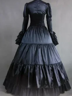 Victorian Retro Tudor Dress Costume Women's Black Satin Ruffle Long Sleeves Victorian era Outfits Retro Tudor Dress Costumes
