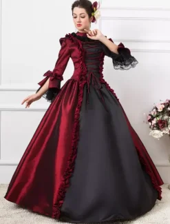 Victorian Retro Tudor Dress Costume Women's Dark Red Victorian era Clothing Half Sleeves Ball Gown Retro Tudor Dress Costumes Dress Burgundy