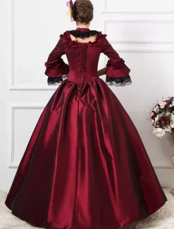 Victorian Retro Tudor Dress Costume Women's Dark Red Victorian era Clothing Half Sleeves Ball Gown Retro Tudor Dress Costumes Dress Burgundy