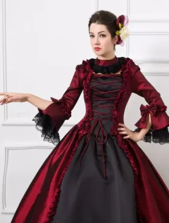 Victorian Retro Tudor Dress Costume Women's Dark Red Victorian era Clothing Half Sleeves Ball Gown Retro Tudor Dress Costumes Dress Burgundy