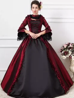 Victorian Retro Tudor Dress Costume Women's Dark Red Victorian era Clothing Half Sleeves Ball Gown Retro Tudor Dress Costumes Dress Burgundy