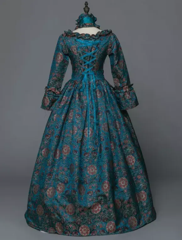 Victorian Retro Tudor Dress Costume Women's Baroque Masquerade Ball Gowns Blue Floral Long Sleeves with Choker Victorian Era Clothing with hat Retro Tudor Dress Costumes