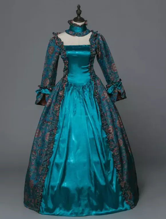 Victorian Retro Tudor Dress Costume Women's Baroque Masquerade Ball Gowns Blue Floral Long Sleeves with Choker Victorian Era Clothing with hat Retro Tudor Dress Costumes