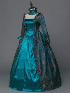 Victorian Retro Tudor Dress Costume Women's Baroque Masquerade Ball Gowns Blue Floral Long Sleeves with Choker Victorian Era Clothing with hat Retro Tudor Dress Costumes