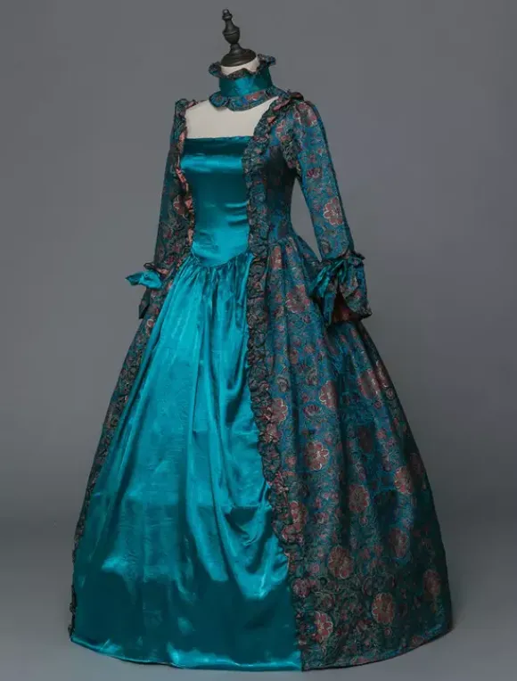 Victorian Retro Tudor Dress Costume Women's Baroque Masquerade Ball Gowns Blue Floral Long Sleeves with Choker Victorian Era Clothing with hat Retro Tudor Dress Costumes