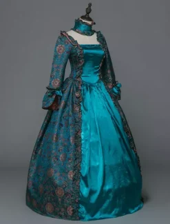 Victorian Retro Tudor Dress Costume Women's Baroque Masquerade Ball Gowns Blue Floral Long Sleeves with Choker Victorian Era Clothing with hat Retro Tudor Dress Costumes
