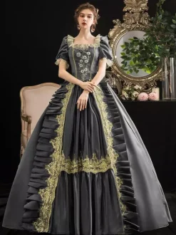 Victorian Retro Tudor Dress Costumes Women's Grey Retro Tudor Dress Costumes Women's Short Sleeves Square Neckline Lace Floral Marie Antoinette Vinctorian Era Clothing Costume Dress