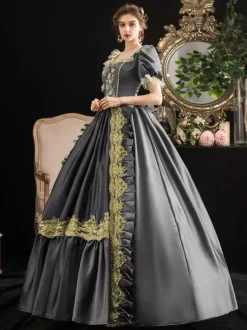 Victorian Retro Tudor Dress Costumes Women's Grey Retro Tudor Dress Costumes Women's Short Sleeves Square Neckline Lace Floral Marie Antoinette Vinctorian Era Clothing Costume Dress