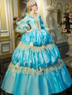 Victorian Retro Tudor Dress Costume Blue Retro Costume Rococo Tiered Bell Sleeves Princess Victorian era Clothing Retro Tudor Dress Costumes Dress
