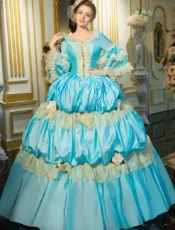 Victorian Retro Tudor Dress Costume Blue Retro Costume Rococo Tiered Bell Sleeves Princess Victorian era Clothing Retro Tudor Dress Costumes Dress