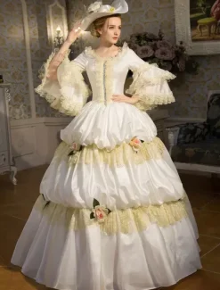 Victorian Retro Tudor Dress Costume Blue Retro Costume Rococo Tiered Bell Sleeves Princess Victorian era Clothing Retro Tudor Dress Costumes Dress