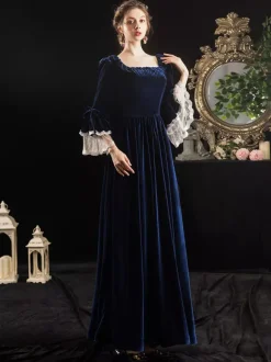 Victorian Retro Tudor Dress Costumes Velour Dark Navy Short Sleeves Square Neckline Lace Ruffle With Choker Victorian Costumes
