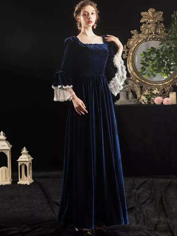 Victorian Retro Tudor Dress Costumes Velour Dark Navy Short Sleeves Square Neckline Lace Ruffle With Choker Victorian Costumes