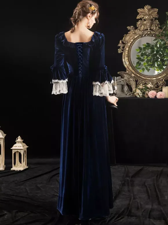 Victorian Retro Tudor Dress Costumes Velour Dark Navy Short Sleeves Square Neckline Lace Ruffle With Choker Victorian Costumes