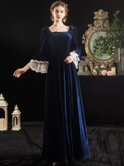 Victorian Retro Tudor Dress Costumes Velour Dark Navy Short Sleeves Square Neckline Lace Ruffle With Choker Victorian Costumes