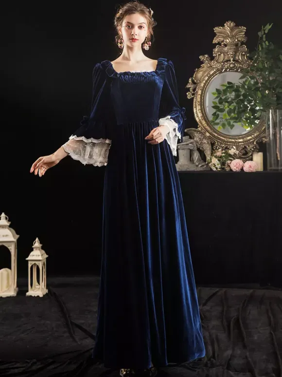 Victorian Retro Tudor Dress Costumes Velour Dark Navy Short Sleeves Square Neckline Lace Ruffle With Choker Victorian Costumes