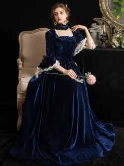 Victorian Retro Tudor Dress Costumes Velour Dark Navy Short Sleeves Square Neckline Lace Ruffle With Choker Victorian Costumes