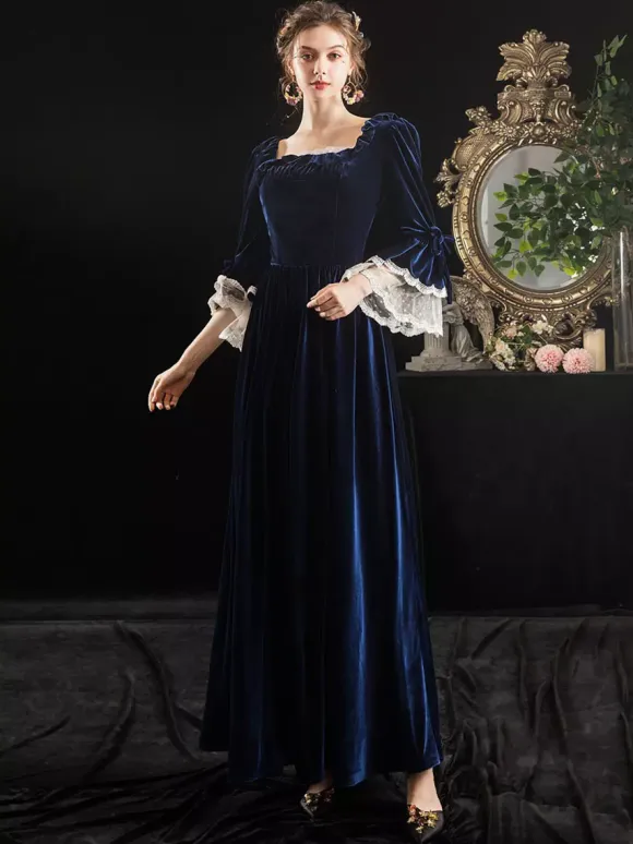 Victorian Retro Tudor Dress Costumes Velour Dark Navy Short Sleeves Square Neckline Lace Ruffle With Choker Victorian Costumes