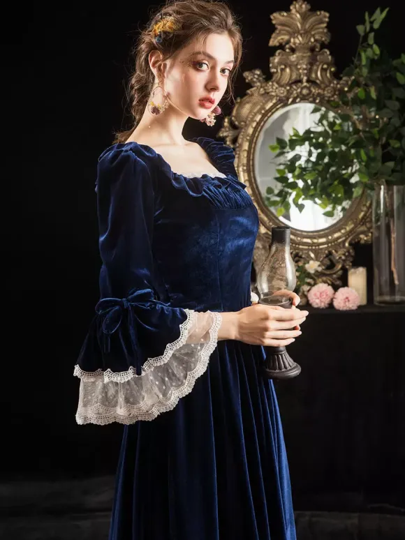 Victorian Retro Tudor Dress Costumes Velour Dark Navy Short Sleeves Square Neckline Lace Ruffle With Choker Victorian Costumes