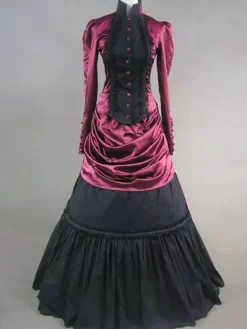 Victorian Retro Tudor Dress Costume Burgundy Satin Long Sleeves Women's High Collar Ruffle Ball Gown Victorian era Clothing Carnival