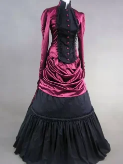 Victorian Retro Tudor Dress Costume Burgundy Satin Long Sleeves Women's High Collar Ruffle Ball Gown Victorian era Clothing Carnival