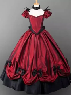 Victorian Retro Tudor Dress Costume Red Short Sleeves Pleated Carnival Vintage Evening Dress Burgundy