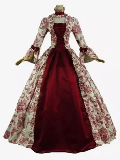Victorian Retro Tudor Dress Costume Baroque Costume Dark Red Lace Ruffles Floral Print Vintage Victorian era Clothing with Choker Retro Outfits Burgundy