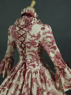 Victorian Retro Tudor Dress Costume Baroque Costume Dark Red Lace Ruffles Floral Print Vintage Victorian era Clothing with Choker Retro Outfits Burgundy