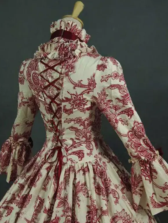 Victorian Retro Tudor Dress Costume Baroque Costume Dark Red Lace Ruffles Floral Print Vintage Victorian era Clothing with Choker Retro Outfits Burgundy