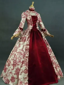 Victorian Retro Tudor Dress Costume Baroque Costume Dark Red Lace Ruffles Floral Print Vintage Victorian era Clothing with Choker Retro Outfits Burgundy
