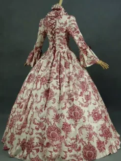 Victorian Retro Tudor Dress Costume Baroque Costume Dark Red Lace Ruffles Floral Print Vintage Victorian era Clothing with Choker Retro Outfits Burgundy