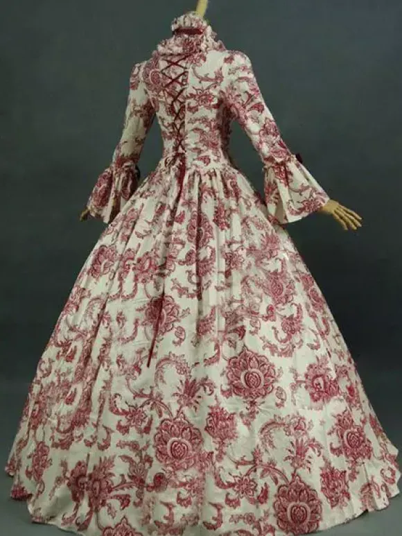 Victorian Retro Tudor Dress Costume Baroque Costume Dark Red Lace Ruffles Floral Print Vintage Victorian era Clothing with Choker Retro Outfits Burgundy