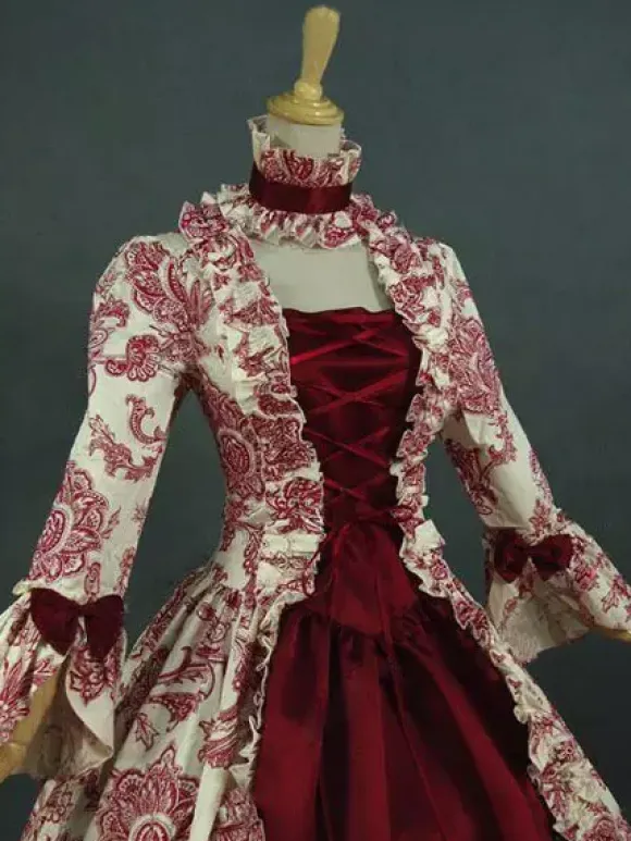 Victorian Retro Tudor Dress Costume Baroque Costume Dark Red Lace Ruffles Floral Print Vintage Victorian era Clothing with Choker Retro Outfits Burgundy