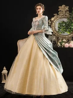 Victorian Retro Tudor Dress Costumes Women's Rococo Floral Print trumpet Short Sleeves Square Neckline Marie Antoinette Costume Masquerade Ball Gown Dress