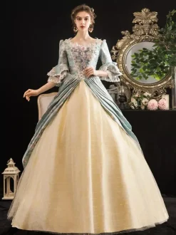 Victorian Retro Tudor Dress Costumes Women's Rococo Floral Print trumpet Short Sleeves Square Neckline Marie Antoinette Costume Masquerade Ball Gown Dress