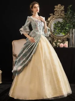 Victorian Retro Tudor Dress Costumes Women's Rococo Floral Print trumpet Short Sleeves Square Neckline Marie Antoinette Costume Masquerade Ball Gown Dress