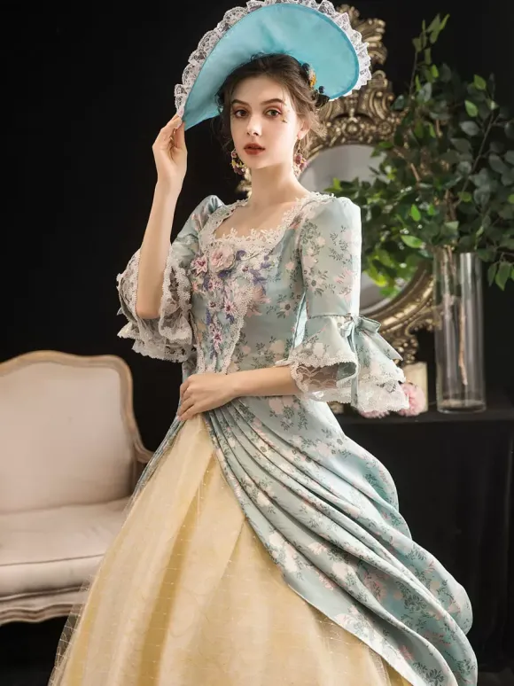 Victorian Retro Tudor Dress Costumes Women's Rococo Floral Print trumpet Short Sleeves Square Neckline Marie Antoinette Costume Masquerade Ball Gown Dress
