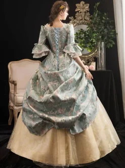Victorian Retro Tudor Dress Costumes Women's Rococo Floral Print trumpet Short Sleeves Square Neckline Marie Antoinette Costume Masquerade Ball Gown Dress