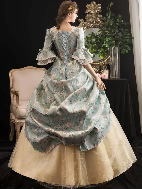 Victorian Retro Tudor Dress Costumes Women's Rococo Floral Print trumpet Short Sleeves Square Neckline Marie Antoinette Costume Masquerade Ball Gown Dress