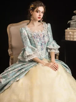 Victorian Retro Tudor Dress Costumes Women's Rococo Floral Print trumpet Short Sleeves Square Neckline Marie Antoinette Costume Masquerade Ball Gown Dress