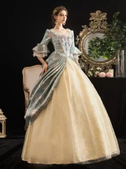 Victorian Retro Tudor Dress Costumes Women's Rococo Floral Print trumpet Short Sleeves Square Neckline Marie Antoinette Costume Masquerade Ball Gown Dress