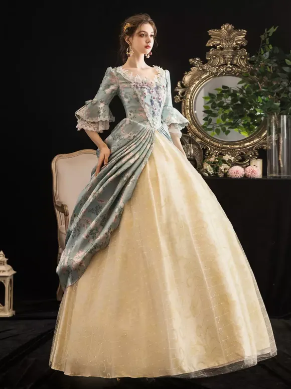 Victorian Retro Tudor Dress Costumes Women's Rococo Floral Print trumpet Short Sleeves Square Neckline Marie Antoinette Costume Masquerade Ball Gown Dress
