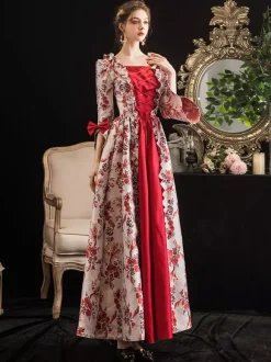 Victorian Retro Tudor Dress Costumes Women's Red Retro Tudor Dress Costumes Ruffle Bow Floral Print Dress Marie Antoinette Victorian Era Clothing Masquerade Ball Gown Burgundy