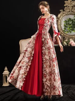 Victorian Retro Tudor Dress Costumes Women's Red Retro Tudor Dress Costumes Ruffle Bow Floral Print Dress Marie Antoinette Victorian Era Clothing Masquerade Ball Gown Burgundy