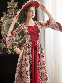 Victorian Retro Tudor Dress Costumes Women's Red Retro Tudor Dress Costumes Ruffle Bow Floral Print Dress Marie Antoinette Victorian Era Clothing Masquerade Ball Gown Burgundy