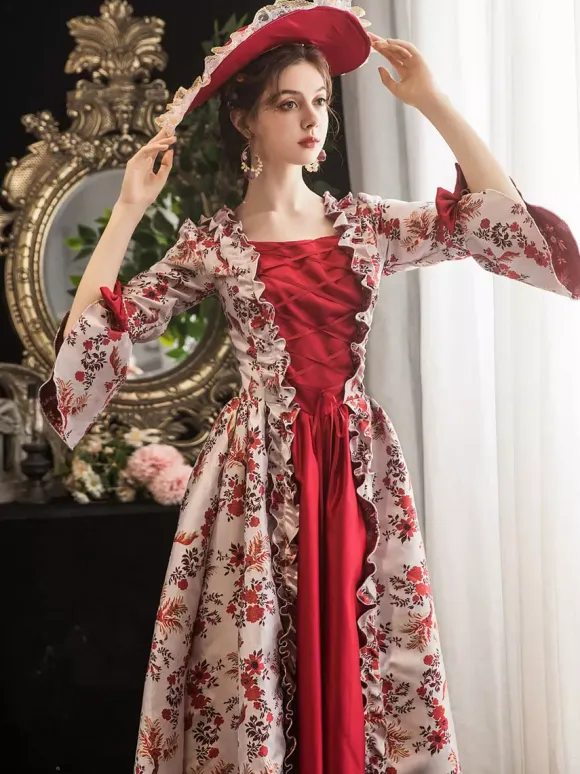 Victorian Retro Tudor Dress Costumes Women's Red Retro Tudor Dress Costumes Ruffle Bow Floral Print Dress Marie Antoinette Victorian Era Clothing Masquerade Ball Gown Burgundy