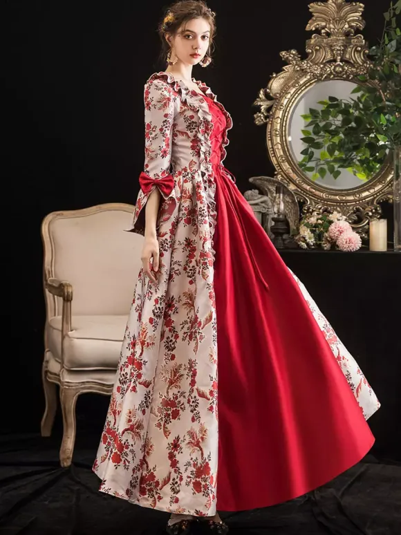 Victorian Retro Tudor Dress Costumes Women's Red Retro Tudor Dress Costumes Ruffle Bow Floral Print Dress Marie Antoinette Victorian Era Clothing Masquerade Ball Gown Burgundy